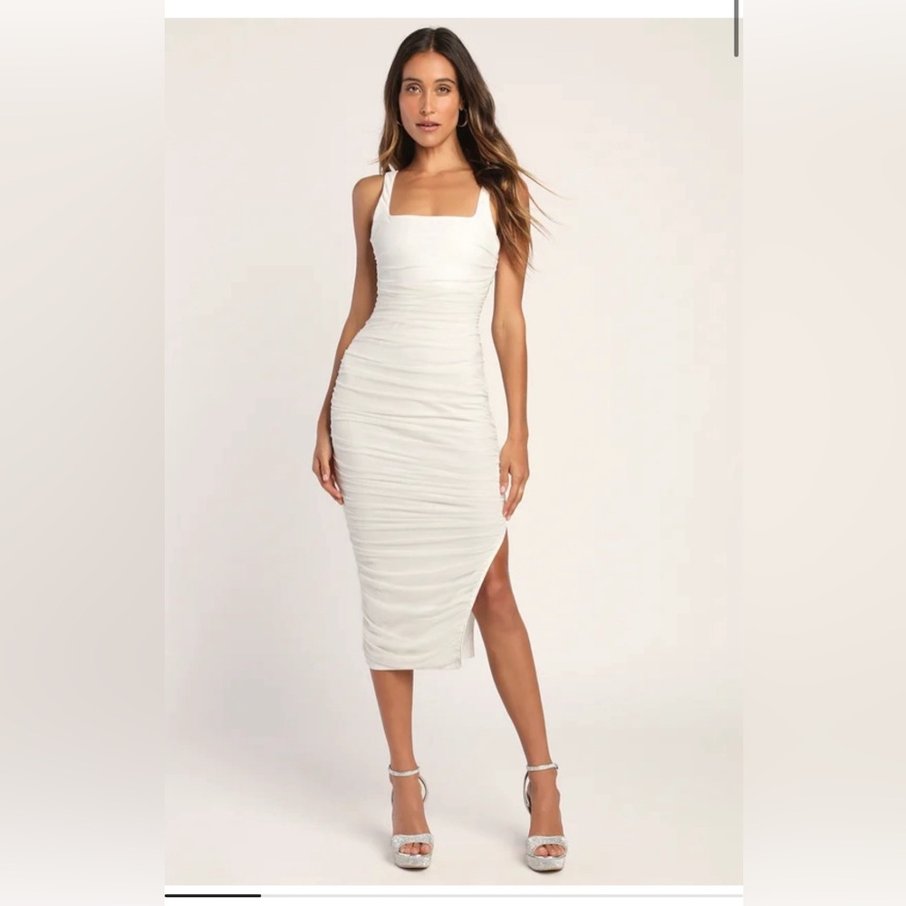 Lulus V.I.P. Treatment White Mesh Ruched Bodycon Midi Dress